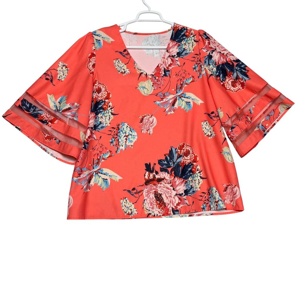 Women’s Blouse XXL Coral Floral Bell Sleeve Lightweight Polyester Blend